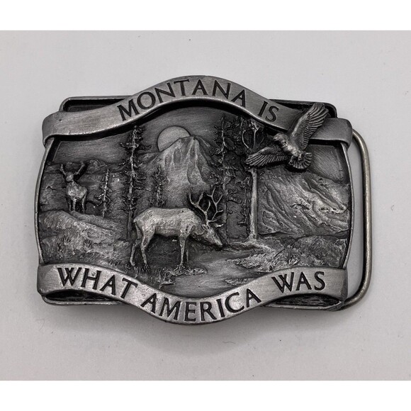 Montana State Siskiyou Leather and Buckle Co Belt  Buckle 1981 3D Design Hunting - Picture 1 of 3